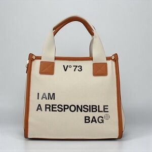 Beige Canvas Statement Tote Bag | Vegan Leather Trim | Eco-Friendly NWT